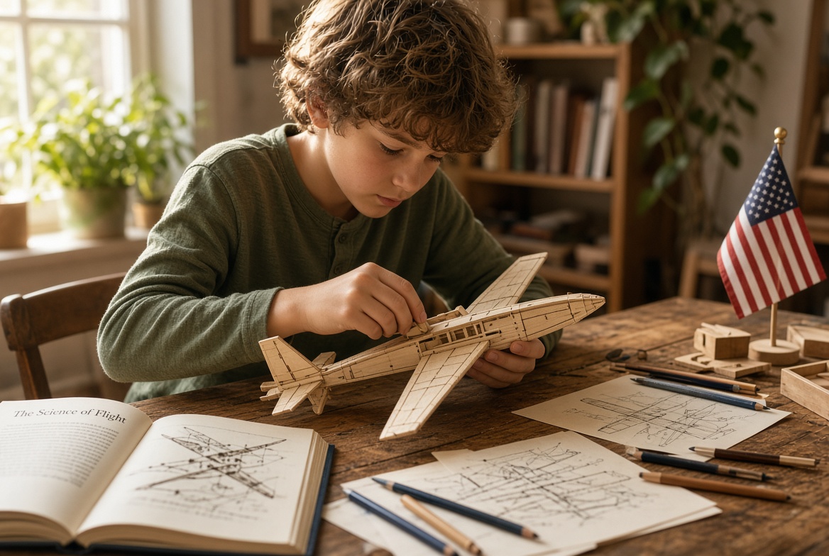 A child at a kitchen table building a wooden model plane